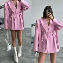女士纯色翻领长袖宽松休闲西装外套，优雅春季穿搭，秋季女装 - 粉色 - 查看 5
