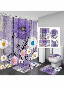 1 Stück / 4 Stücke farbenfrohe abstrakte Blumen Kunstwerke Multifunktions Badezimmer wasserdichter Duschvorhang mit 12 Haken, rutschfeste Badmatte, U-förmige Toilettenvorlage und runde Toilettendeckelabdeckung, Badezimmer Set für alle Szenarien Schulanfang