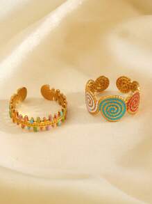 Set de 2 anillos abiertos de acero inoxidable con textura de gota de aceite y forma de espina de pescado, en colores, adecuados para que las mujeres los usen a diario y en la playa - Multicolor - Ver 4