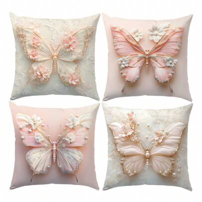 4pcs Faux 3D Pink & White Butterfly Floral Pearl Decorative Pillow Covers (Flat Printed Pattern, Not Embossed), Single-Sided Soft Peach Velvet Material, 45*45/50*50/40*40CM Cushion Covers For Indoor Decor, Party, Gift