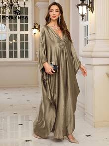 Solid Satin Kaftan Plus Size House Dress Lounge Wear Caftan Women Elegant Long Sleeve Dress