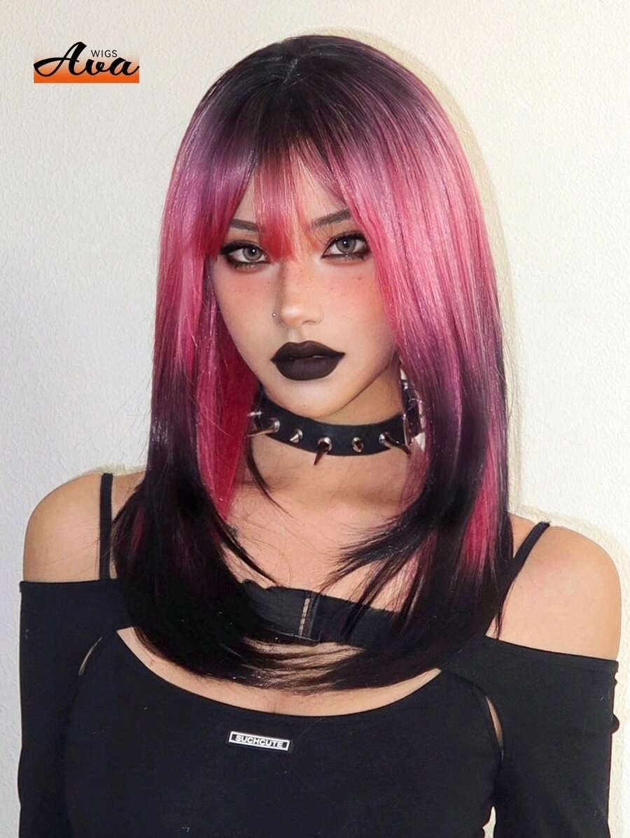 Ava WIGS 24 Inch Ombre Pink Black Wigs For Women Colorful Wigs Fashion Avant Street Punk Synthetic Layered Wigs For Music Festival Daily Party Cosplay Use