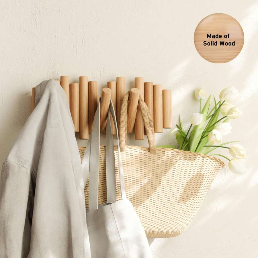 Perchero de madera maciza, perchero de pared, perchero de entrada, perchero de pared sin clavos - natural - Ver 1