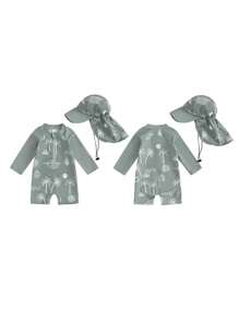 Kid Boy Rash Guard Swimsuit Coconut Tree Print Long Sleeve Mock Neck Zip Bathing Suit With Hat 2 Pcs Set - Army Green - View 3