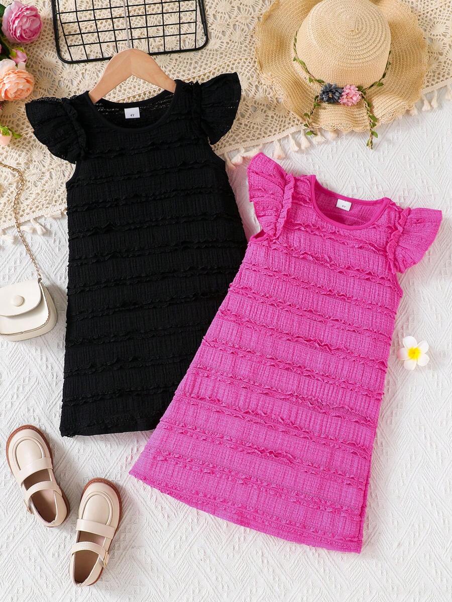 2pcs Girls' Basic Cap Sleeve Knitted Fabric Dress Set - Multicolor - View 1