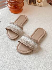 1 Pair Of Summer Bestseller Beige Children's Non-Slip Slippers Comfortable Soft Simple Beige Flat Flat Girls 3-12 Years Old Sandals Slippers Suitable For Indoor And Outdoor Daily Holiday Leisure Beach White Braid Gold Black Border Fringe Design Strap Design Slippers - Apricot - View 4