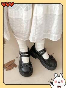 Women's Platform & Thick Sole Loafers/Black Buckle Bow Tie Small Leather Shoes, 2025 Spring New Retro Gothic Lolita Mary Jane Shoes