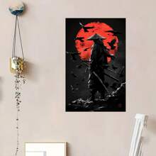 Framed  Japanese Anime Samurai Wall Art Print, Pine  Framed Canvas Poster, Abstract Red Sun And Crows Design, Home Office Cafe Decor, Wrapped Canvas Wall Hanging Decor - Framed(框架) - 查看 4