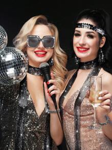 Forever & Moment 2pcs Women'S Disco Accessories From The 70s, Disco Sequin Scarf, Imitation Diamond Pendant