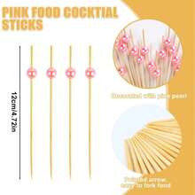 200pcs Gold, Pink, White Bamboo Skewers, Round Creative Faux Pearl Design, Suitable For Kitchen, Tabletop, Fruit Salad, Wedding, Festival Party, Festival Or Party Use - Pink - View 4