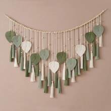 1 szt. Makrama ścienna, dekoracja ścienna w stylu boho z drewnianymi koralikami, frędzlami, liśćmi, gobelin w tle weselnym, tkany koc ścienny z frędzlami do wnętrz, tło zasłon