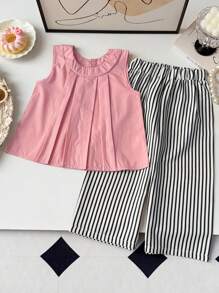 2 件套女童休闲条纹背心和裤子套装，夏季 - 粉色 - 查看 3