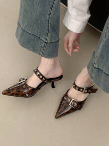 Fall/Winter 2025 Pointed-Toe Double-Buckle Slip-On Mule High Heel Shoes, Leopard Print Brown Color, Elegant, Women Pumps,Kitten Heels