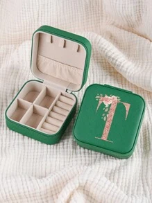 1pc Caixa de joias rosa com flores rosas, caixa de joias de viagem da moda com letras de ouro rosa, caixa de joias de viagem de presente personalizada, presentes de aniversário para mulheres, presentes de Natal para meninas adolescentes, iniciais, caixa de joias de viagem A-Z