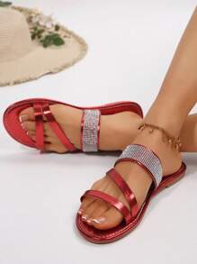 Women's Red Slide Sandals With Rhinestone Straps – Round Toe Flat Sandals, Fashionable & Minimalist Summer Slippers For Women, Comfortable Outdoor Casual Shoes