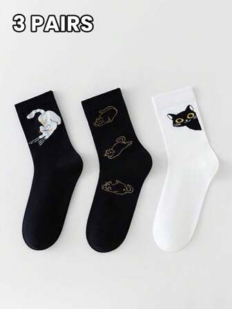 3 par damstrumpor svart och vitt för alla årstider Tecknad katt husdjur Söt Rolig Enkel Söt Elegant Mode Mjukt Bekvämt Andas dagligen Casual Mid-Tube strumpor