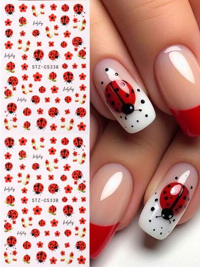 2pcs Spring Ladybug & Summer Floral Nail Art Stickers, Suitable For Nail Accessories And Tools Nails Nail Supplies