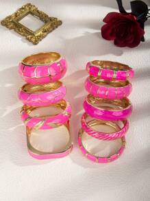 1pc Fuchsia Drip Oil Geometric Open Bangle Bracelet, Suitable For Daily, Gathering And Vacation - Hot Pink - View 1