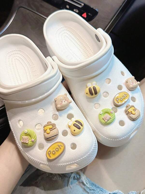 10pcs Resin Small Bear Honey Pot, Bee Head Tags, Hole Hole Slippers & Sandals Decoration Accessories, Gifts For Adults, Children & Teenagers, Women