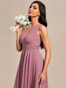 Solid Color V-Neck Asymmetric Hem Sleeveless Bridesmaid Adult Formal Dress - Dusty Pink - View 6