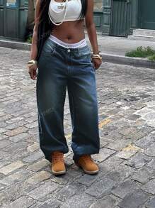Pantalones vaqueros de pierna ancha en azul deslavado y desgastado, estilo vacacional para mujer Y2K