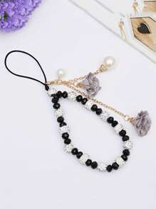 1 pieza Correa de muñeca decorada con flor de cristal de lujo y cuentas, muñequera corta con rhinestones para mujer, accesorio para teléfono, cámara, USB, llaves, estuche de teléfono, regalo para madre, familia, amigos, cumpleaños, vacaciones