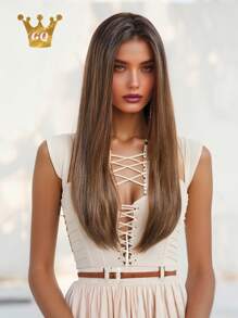 高品质 24 英寸长直棕色无刘海合成耐热纤维假发女士假发非常适合节日派对日常佩戴