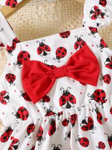 Conjunto de 3 peças de vestido de joaninha fofo com manga curta e babados, top e shorts de tecido misto de cor sólida com faixa na cabeça, roupa casual - Vermelho - Ver 5
