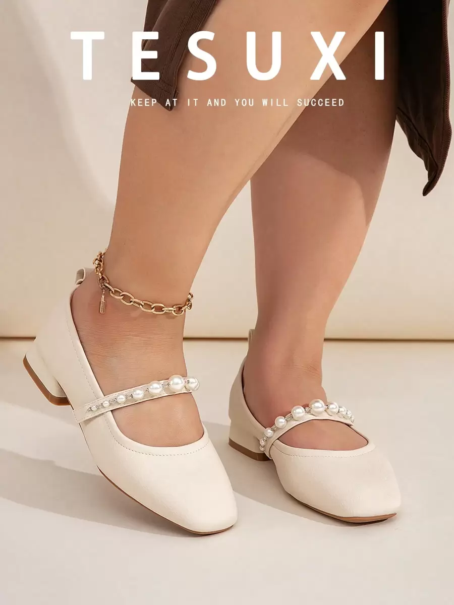 宽版加大码女鞋女士粗跟扣带方头休闲通勤工作高跟鞋