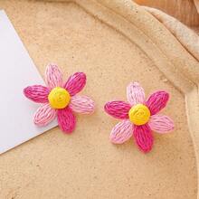 2pcs Set Fashionable Six-Petal Flower Rattan Braided Earrings, Beach Resort Style Accessories For Women