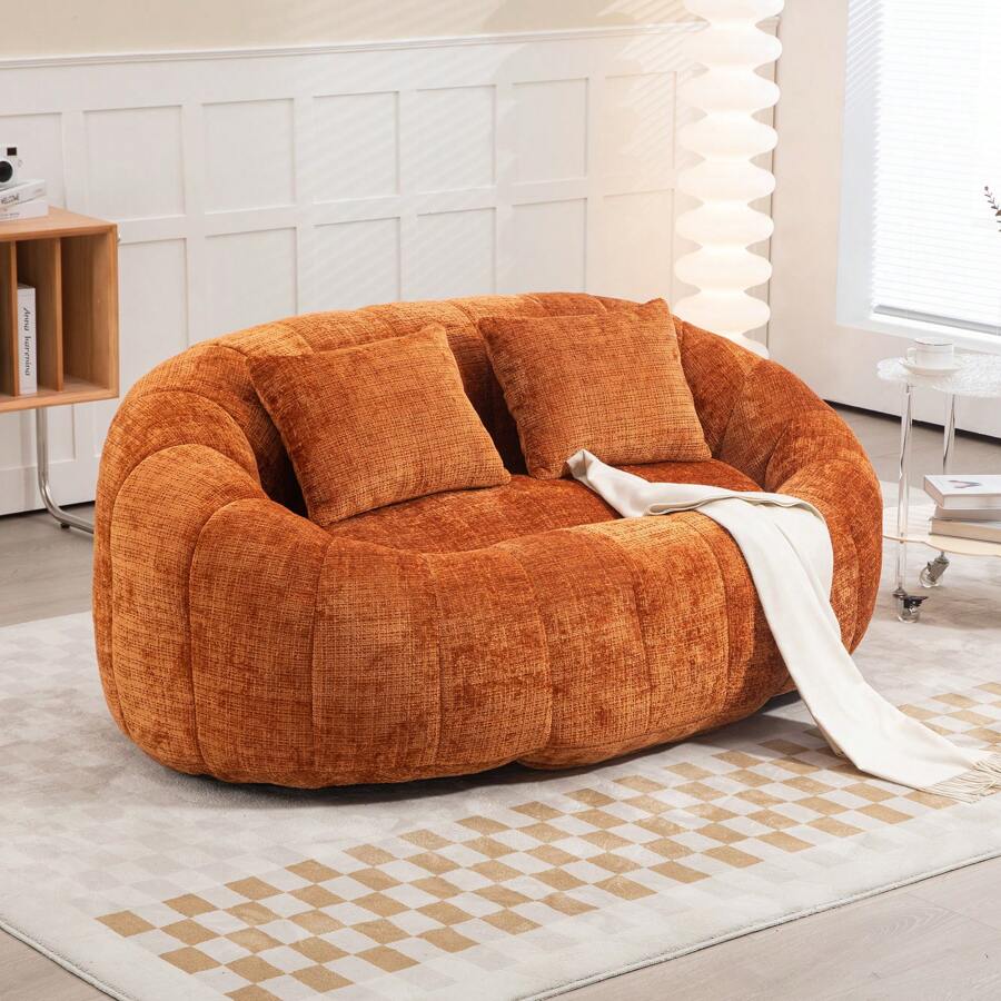 Chenille Lazy Sofa, 2 Seat Bean Bag Sofa Chair, Durable Soft Comfort Recliner, Lazy Loveseat Sofa Bed, Includes 2 Pillows, Indoor/Outdoor Use, No Assembly Required, Suitable For Living Room, Bedroom, Dormitory And Apartment(Orange) - 橘色 - 查看 1