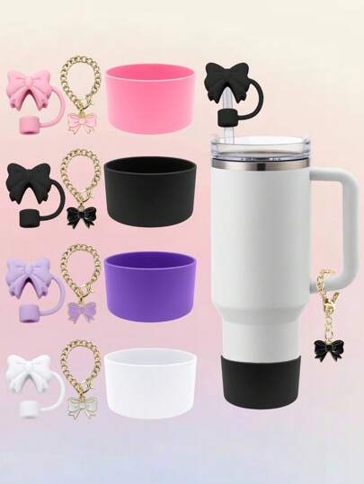 4套/12件装，1套/3件装杯子配件套装，适用于30盎司和40盎司的保温杯，包含硅胶吸管盖、10毫米简约吸管盖、可调节金属链蝴蝶吊坠杯饰、可重复使用的吸管套、防尘吸管帽和玻璃杯防滑底保护套。多件套装包含：（1个硅胶蝴蝶吸管盖、1个蝴蝶杯牌和1个水瓶硅胶底保护套）。可爱的粉色蝴蝶装饰，节日礼物，返校用品。