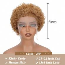 Pixie Cut Curly Human Hair Wigs Ginger 350 Short Curly Lace Front Human Hair Wigs For Women 6 Inch 13x1 Transparent Lace Frontal Wigs Water Wave Dark Rooted To Ginger Orange Color - #27 - 查看 4