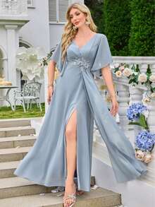 雪纺简约性感V领派对婚纱、礼服、正式礼服、晚礼服、婚礼宾客礼服 - 霧霾藍 - 查看 7