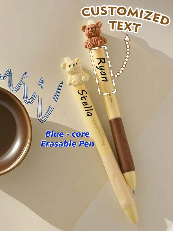 Customized Bear Cheese Design Erasable Ballpoint Pen,Student Reward, Gift Customization, Friend Gift, Birthday Gift, Company Logo Promotional Product, Soft Grip Blue High-Quality Erasable Pen With Smooth Blue Ink Back To School