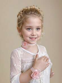 2pcs Girls Toddlers Rose Flower Bowknot + Wristband Bracelet 2-Piece Set, Baby Girl Bow Flower Outfit, Wedding Dress Decoration, Kids Party Accessory, Bridal Decor