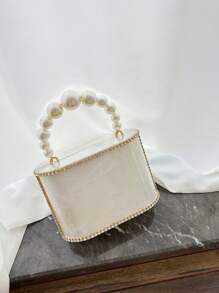 1pc Apricot Bucket Style Acrylic Handbag With Rhinestone Metal Hardware And Pearls, Suitable For Attending Evening Parties And Balls - Beige - View 4