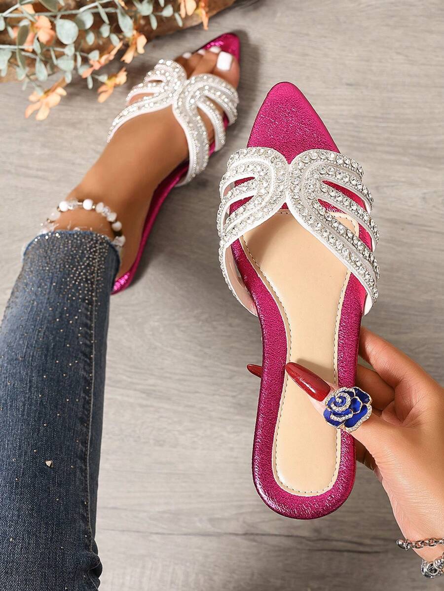 Crystal Pointed Toe Slippers, New Spring/Summer Stylish Casual Brand H Slide Sandals, Fashion Roman Slip-On Mules For Women,Beach Shoes - Purple - View 1