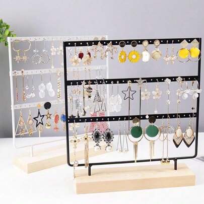 1pc White Metal Earring Holder With Wooden Base, Detachable Tabletop Earring & Stud Display Stand, Suitable For Home Use, Valentine's Day Gift Travel Storage Organizer Back To School