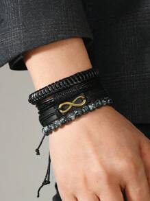 Retro Braided Combination Set: Faux Leather Bracelet, Metallic 8 Shape Charm, Multi-Layered Bracelet For Men