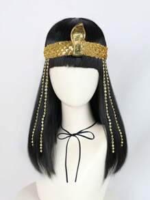 Peluca negra de estilo egipcio de longitud media y recta para mujer con accesorios de cabeza de serpiente para disfraz de fiesta de Halloween, peluca de reina, peluca de personaje de película de tema retro y atrevido de 18 pulgadas de largo con flequillo recto para vacaciones, carnaval, concierto, fotografía, Comic Con, Navidad, Año Nuevo y decoración