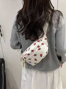 Nylon Crossbody Bag, Solid Color Shoulder Bag, Women's Casual Sling Purse For Outdoor Sports, Strawberry Pattern - White - View 4