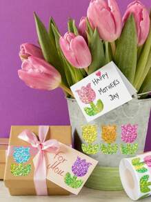 (500 pezzi/rotolo) Rotolo di adesivi olografici a tulipano, adesivi sigillo a forma di fiore colorati laser, adesivi decorativi floreali impermeabili e autoadesivi per buste, diari, feste di compleanno, biglietti di auguri, vacanze, forniture scolastiche, ritorno a scuola