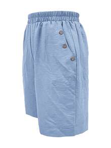 Jisfaneya Solid Color Pleated Design Fabric Blue Wide Leg Casual Shorts, Spring/Summer - Blue - View 4