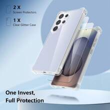 S26 Phone Protective Set [2pcs HD Tempered Glass Screen Protector (Supports Fingerprint Unlock) + 1pc Transparent Shockproof Anti-Scratch Anti-Drop Phone Protective Case With Camera Protection], Compatible With Samsung S23/S24/S25/S26 Ultra Plus - Clear - View 3
