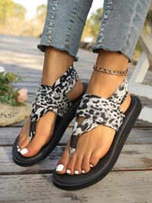 Wide Fit Yoga Shoes Women's Platform Espadrilles Slippers, Lightweight Open Toe Non Slip Beach Slides Shoes, Casual Outdoor Sandals Leopard Print Flip Flops
