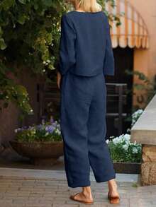 Damer höst Ny populär enfärgad rundhalsad långärmad skjorta och elastiska byxor Casual Löspendling Linne i två delar - Marinblå - Visa 2