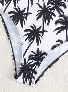 Womens Swimsuits Palm Tree Print Monokini Bathing Suit Beach Wear - Black - View 4