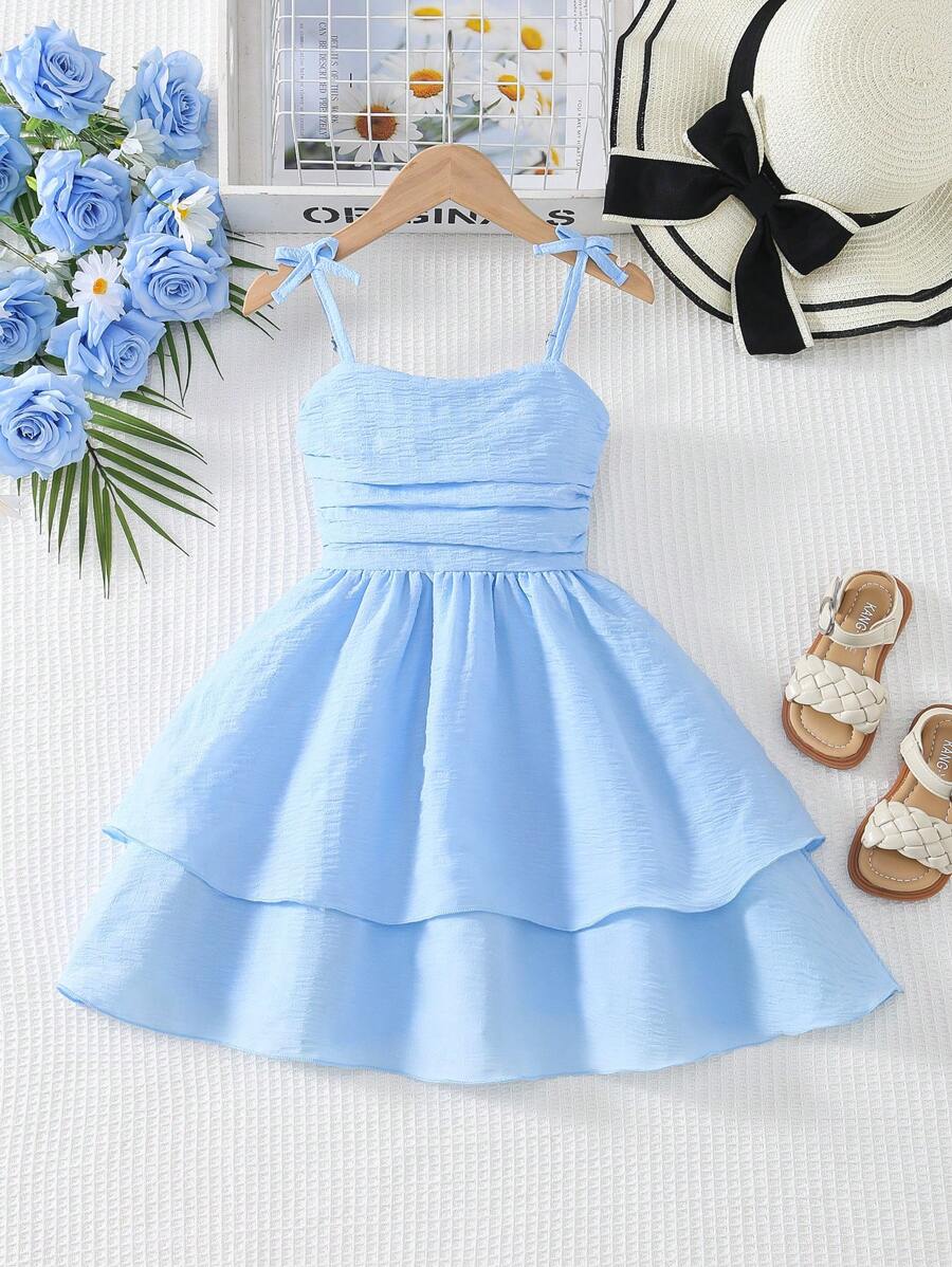 Young Girl Cute Bowknot Adjustable Strap Pleated Double-Layer Hem Light Blue Dress - Blue - View 1
