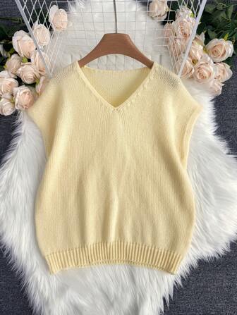 [Toppa] Smörkul French Chic V-ringad tröja för kvinnor, lös stickad topp med avslappnad passform för höst/vinter